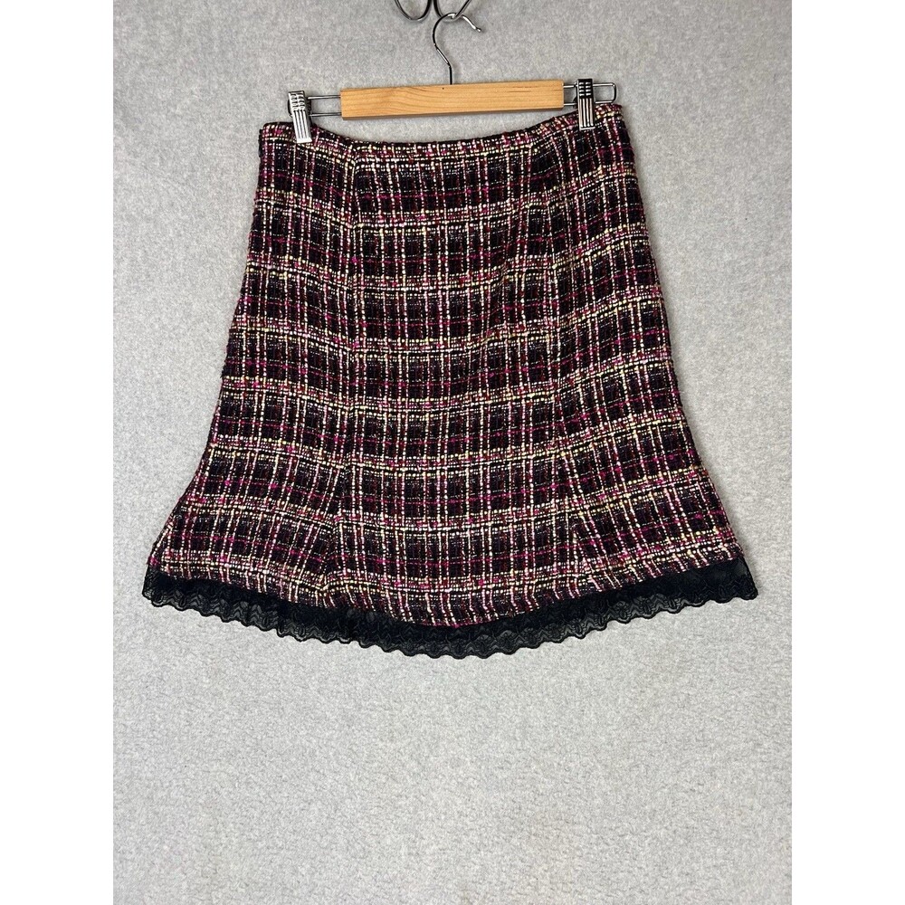 Nanette Lepore Midi Length Plaid Lace Skirt Women Size 6 Pink/Black